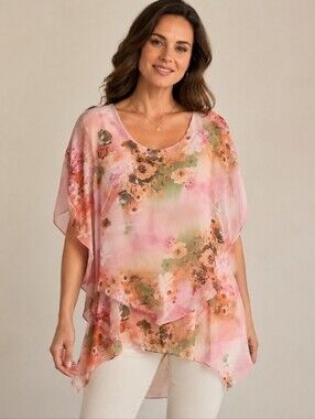 💙 NWOT  Pink Floral Sheer Tunic Flowy Top